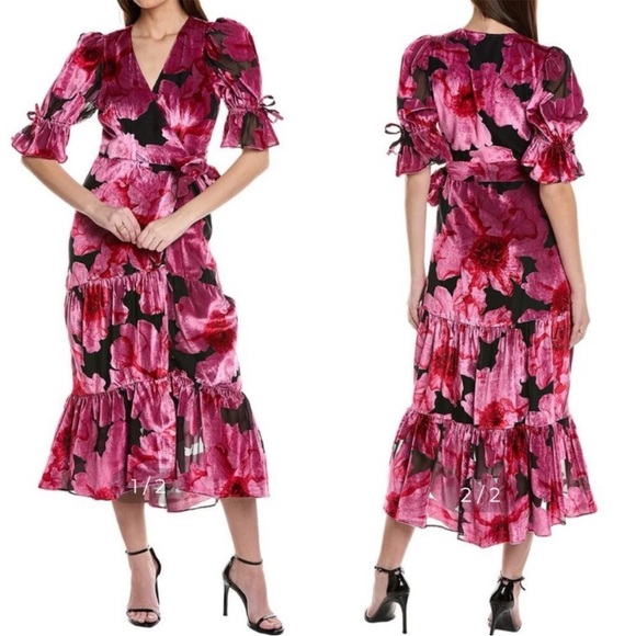 Hutch X Anthropologie Marisol Pink Floral Velvet Wrap Midi Dress Size Small NWT - Picture 1 of 11